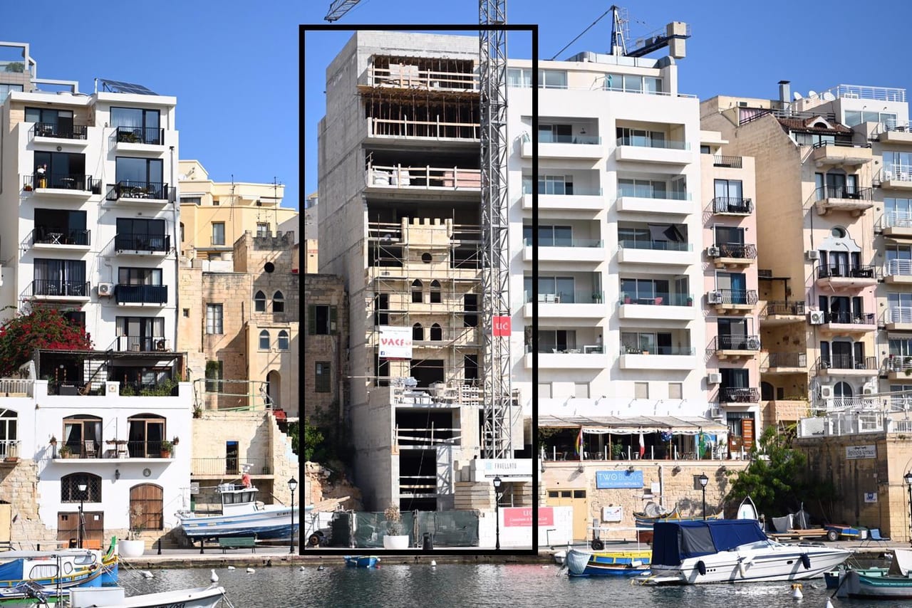 A 19th-century turreted townhouse on Spinola Bay being engulfed by a tall grey apartment block, outlined in black
