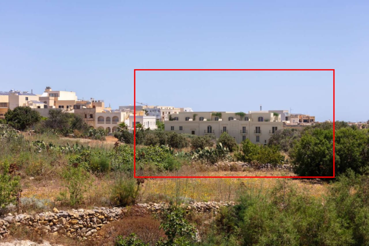 A photomontage of a low apartment block, outlined in red, set among fields near the Ġgantija temples in Xagħra, Gozo